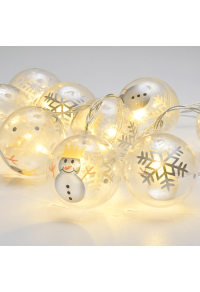 "ПЛАСТМАСОВА ТОПКА СНЕЖЕН ЧОВЕК", 10 LED СТРУННИ СВЕТЛИНИ С БАТЕРИИ (3xAA), WW, IP20, 135+30см ,ПОЗРАЧЕН КАБЕЛ