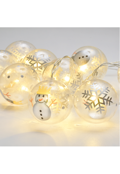 "ПЛАСТМАСОВА ТОПКА СНЕЖЕН ЧОВЕК", 10 LED СТРУННИ СВЕТЛИНИ С БАТЕРИИ (3xAA), WW, IP20, 135+30см ,ПОЗРАЧЕН КАБЕЛ