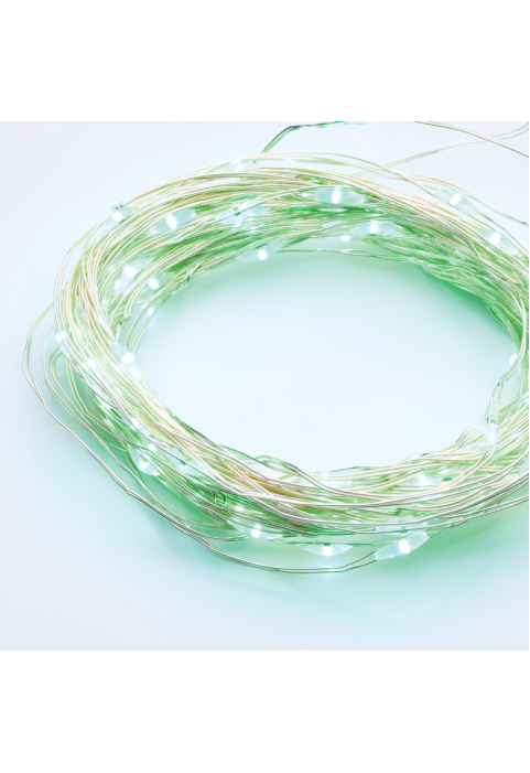 100 LED СТРУННИ СВЕТЛИНИ ТАЙМЕР ЗЕЛЕНО СРЕБРИТО МЕДЕН ПРОВОД И БАТЕРИЯ 3XAA IP44 10m+10cm