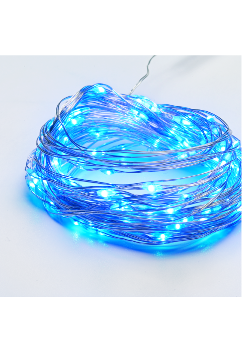 100 LED СТРУННИ СВЕТЛИНИ ТАЙМЕР СИН СРЕБЪР МЕДЕН ПРОВОД И БАТЕРИЯ 3XAA IP44 10m+10cm