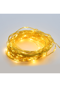 100 LED СТРУННИ СВЕТЛИНИ ТАЙМЕР WW ЗЛАТЕН МЕДЕН ПРОВОД И БАТЕРИЯ.3XAA IP44 10m+10cm