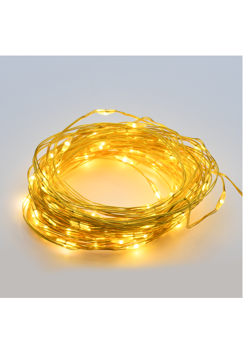100 LED СТРУННИ СВЕТЛИНИ ТАЙМЕР WW ЗЛАТЕН МЕДЕН ПРОВОД И БАТЕРИЯ.3XAA IP44 10m+10cm