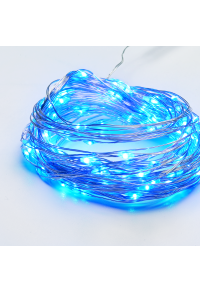 100 LED СТРУННИ СВЕТЛИНИ, СИН, СРЕБРИТО МЕДЕН ПРОВОД, АДАПТЕР (3,5VDC) И 8 ФУНКЦИИ, IP44, 10M+3M, 600mA