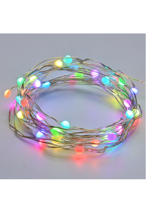 50 LED СУПЕР СТРУННА СВЕТЛИНА МНОГОЦВЕТНО СРЕБРИТО МЕДЕН ЖЕЛ И USB АДАПТЕР 5V WI-FI+BLUETOOTH+ИНФРАЧЕРВЕНО ДИСТАНЦИОННО УПРАВЛЕНИЕ IP44 5M+2M