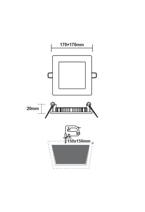 LED SLIM PANEL WHITE  SQUARE REC. 12W 4000K 1100Lm 170x170mm 230V Ra80