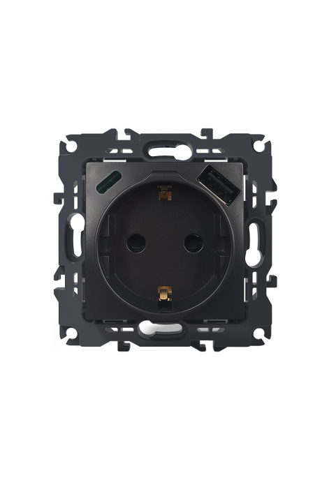 SINGLE SCHUKO SOCKET WITH SAFETY SHUTTER WITH USB FAST CHARGER (A+C) WITH HANGERS ANTHRACITE